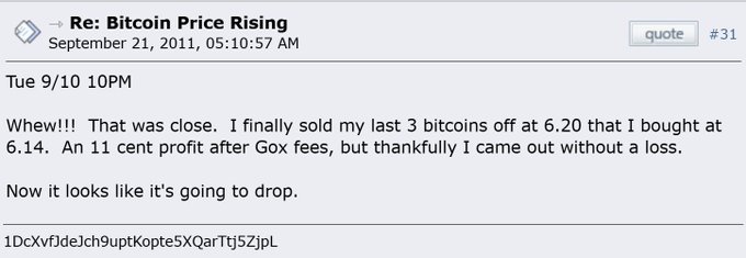 A 2011 Bitcoin forum post titled "Re: Bitcoin Price Rising" where the poster celebrates selling 3 bitcoins at $6.20, having bought them at $6.14, for an 11-cent profit after Gox fees, just before a price drop. The caption highlights the irony of feeling relieved about a tiny profit while Bitcoin would later skyrocket.
