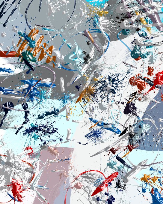 An abstract artwork featuring a chaotic splatter of paint in shades of blue, white, red, orange, and black with swirling textures.