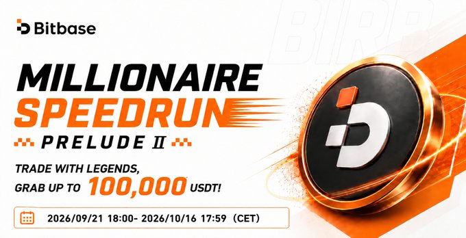 A promotional banner for Bitbase's "Millionaire Speedrun Prelude II" campaign, featuring bold orange and black graphics with a stylized "D" logo, inviting traders to compete for a share of up to 100,000 USDT in rewards between September 21 and October 16, 2026 (CET)—matching the post's announcement of the Phase 2 futures trading event.