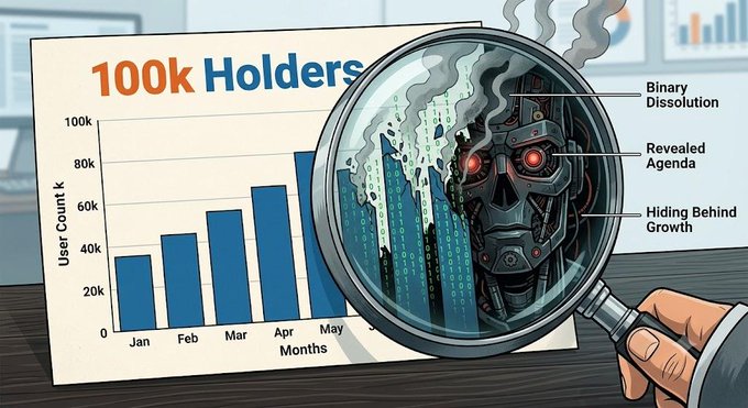 Satirical illustration showing a '100k Holders' growth chart examined under a magnifying glass that reveals a menacing robot skull labeled with 'Binary Dissolution', 'Revealed Agenda', and 'Hiding Behind Growth'.