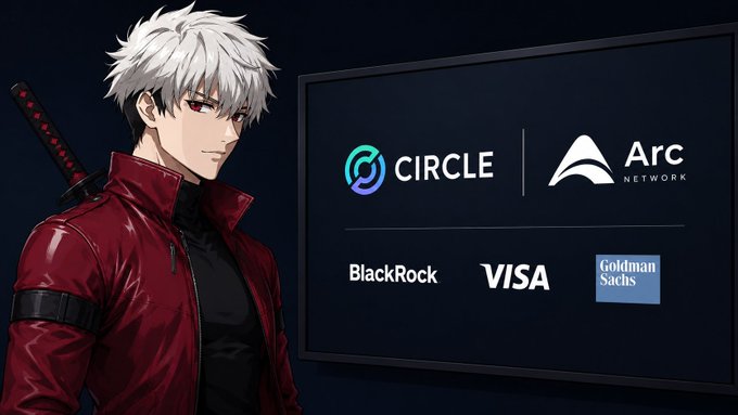 Anime character with white hair next to a display screen showing logos for Circle, Arc Network, BlackRock, Visa, and Goldman Sachs.