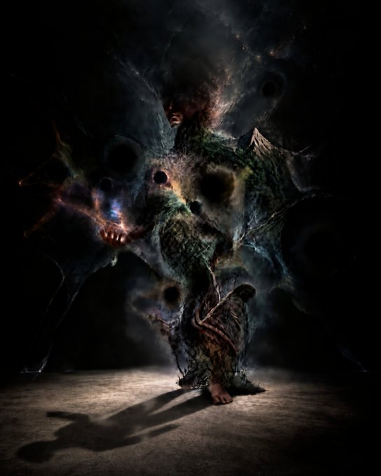 A dark fantasy artwork depicting an otherworldly creature with multiple dark voids, skeletal hands, and a human face emerging from a chaotic form, casting a long shadow on the ground.