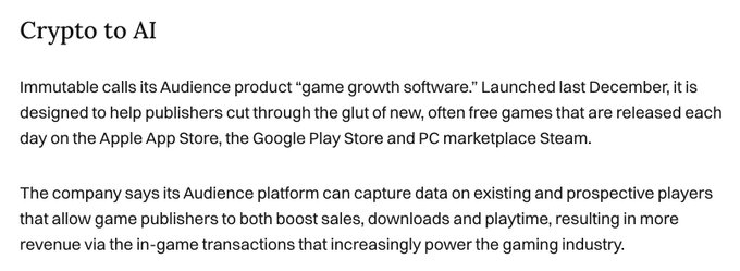 The image features a white background with black text. The main content of the image is a caption written in black text that reads "Immutable calls its Audience product game growth software". This caption is accompanied by an image of a white square, which has the words "Immutable" and "game growth software" written on it. The image also includes a link to a video about the company's product.