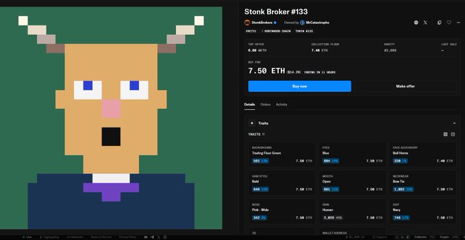A pixel art NFT titled 'Stonk Broker #133' displayed on OpenSea, priced at 7.50 ETH with the top offer at 6.00 ETH and various trait traits like 'Trading Floor Green' and 'Eyes Blue' shown in the marketplace details.