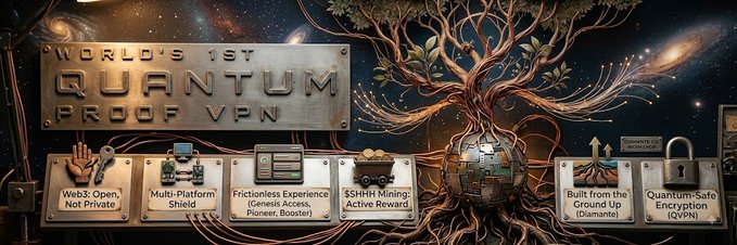 An artistic rendering of a 'World's 1st Quantum Proof VPN' interface with metallic panels featuring icons and text including 'Web3: Open, Not Private', 'Multi-Platform Shield', 'Frictionless Experience', '$$HHH Mining', 'Built from the Ground Up', and 'Quantum-Safe Encryption', set against a cosmic background.