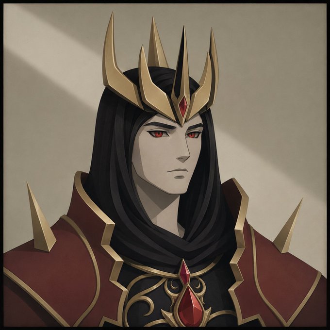 The image depicts a dark, regal figure with long black hair, piercing red eyes, and an ornate gold crown featuring sharp, pointed spikes, wearing red and black armor with a red gemstone at the chest—evoking a powerful, villainous king archetype. 

**Note on the post:** The accompanying message contains **no visible text, numbers, tickers, or names** in the image itself—only Twitter/X handles and promotional language in the post body. As such, no OCR-readable elements can be transcribed from the image.

**Relationship to the post:** The dark, imposing crowned figure visually echoes the tone of the post's confident, almost defiant sign-off ("Send it. Fock it"), lending a bold, commanding aesthetic to a message about NFT mint collaboration and well-wishes.