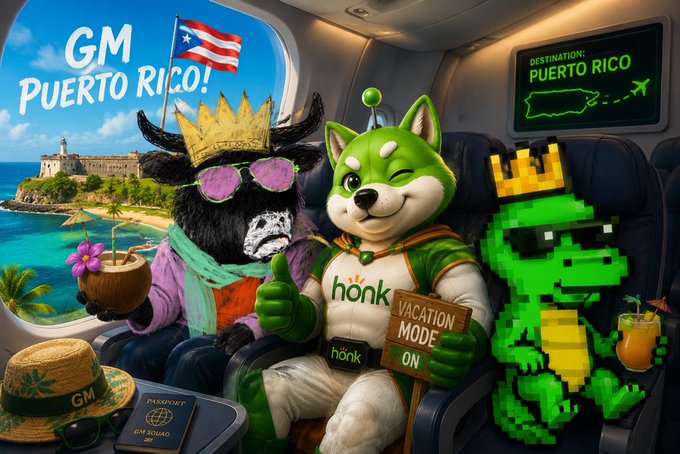 A vibrant digital illustration depicts a vacation scene with a dog in sunglasses and a crown, a 'honk' dog character holding a 'VACATION MODE ON' sign, and a pixel-art green figure, all on a flight to Puerto Rico with 'GM PUERTO RICO!' and 'DESTINATION: PUERTO RICO' text visible.