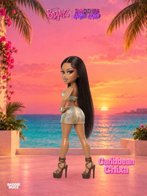 A promotional image for a Bratz doll named 'Caribbean Chixa' from the 'Baddies Gone Wild' collection, posing in a tropical sunset setting with palm trees and ocean views.