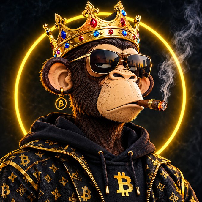 A digital illustration of a monkey/chimp wearing a golden crown with jewels, sunglasses, a Bitcoin earring, and a black hoodie with Bitcoin logos, smoking a cigar against a glowing yellow circular background.