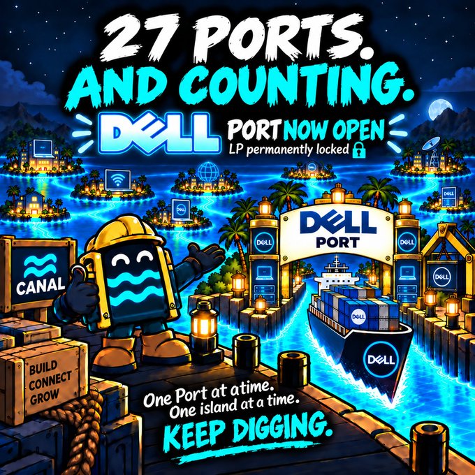 A vibrant promotional graphic reads '27 PORTS. AND COUNTING. DELL PORT NOW OPEN LP permanently locked' and 'One Port at a time. One island at a time. KEEP DIGGING.' It features a cartoon construction worker character next to a wooden sign labeled 'CANAL' with 'BUILD CONNECT GROW' carved into a crate, overlooking a tropical scene with a 'DELL PORT' shipping container vessel.