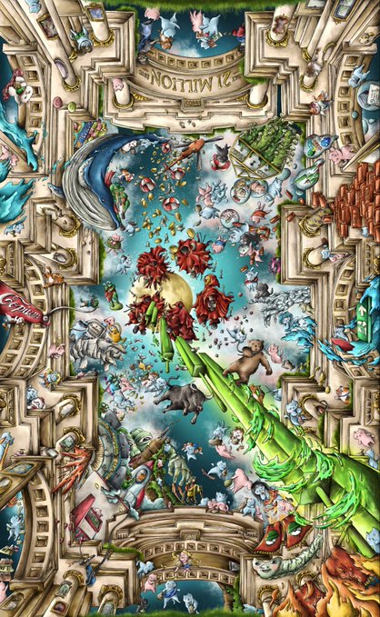 A highly detailed, surreal fantasy artwork featuring an elaborate architectural frame with numerous small figures, creatures, and objects swirling around a central red floral/botanical element, with reversed text reading 'EDITION' and 'B1/250' visible on banners.