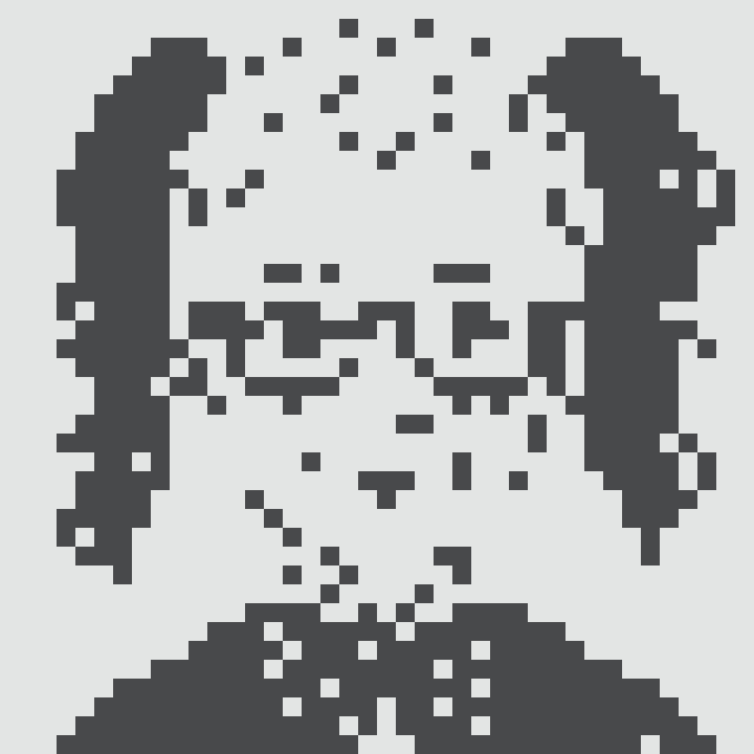 A pixel art portrait of a man with a beard wearing sunglasses, rendered in dark blue blocks against a white background.