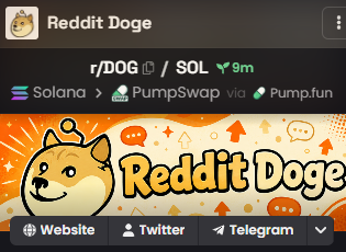 Reddit Doge cryptocurrency token profile on r/DOG/SOL, showing connections to Solana, PumpSwap, and Pump.fun, with links to Website, Twitter, and Telegram.