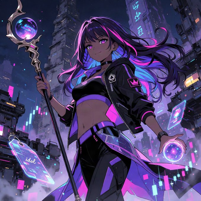 An anime-style illustration of a dark-skinned woman with flowing purple and pink hair, wearing a black jacket and holding a staff with a glowing orb, set against a cyberpunk cityscape.