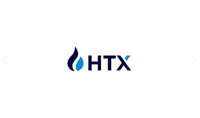 A minimalist logo design on a white background featuring a stylized blue flame/leaf icon next to the text 'HTX', with navigation arrows on either side.