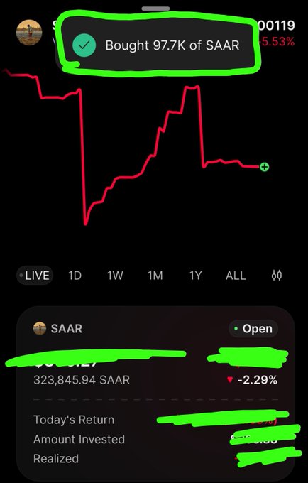 A mobile stock trading app screenshot showing a recent purchase of 97.7K SAAR tokens, with a red price chart indicating a -2.29% drop on 323,845.94 SAAR.
