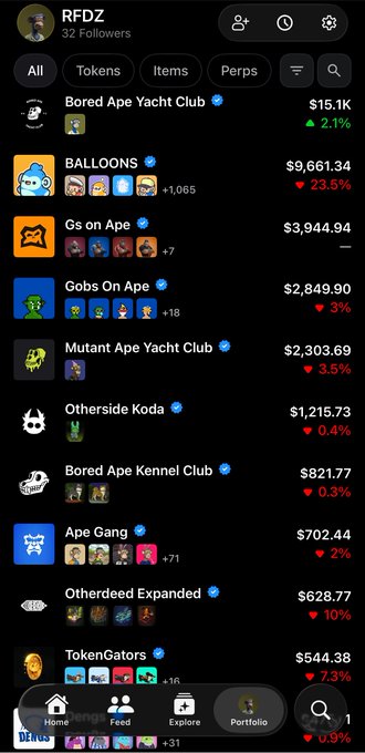 A mobile app interface shows a user's portfolio 'RFDZ' tracking various NFT collections including 'Bored Ape Yacht Club', 'BALLOONS', 'Gs on Ape', 'Mutant Ape Yacht Club', and 'Bored Ape Kennel Club' with their respective floor prices and percentage changes.