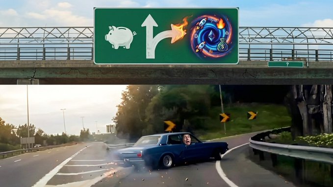 A blue car driven by a screaming man swerves off a highway exit ramp, crashing into a guardrail below a road sign depicting a piggy bank with an arrow pointing toward a fiery Bitcoin symbol. The image humorously illustrates the post's message about abandoning financial responsibility after a 5% drop in Bitcoin.