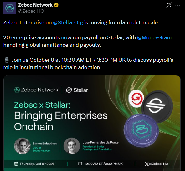 The image is a Zebec Network tweet announcing that Zebec Enterprise on Stellar is scaling up, with 20 enterprise accounts now running payroll on Stellar and MoneyGram handling global remittance and payouts. It promotes a webinar titled "Zebec x Stellar: Bringing Enterprises Onchain" scheduled for October 8th, 2026, at 10:30 AM ET / 3:30 PM UK, featuring Simon Babakhani (CEO, Zebec Network) and Jose Fernandez da Ponte (President, Stellar Development Foundation). This announcement pairs with the context that nearly 19 billion ZBCN tokens are staked, highlighting enterprise growth alongside strong token holder commitment.