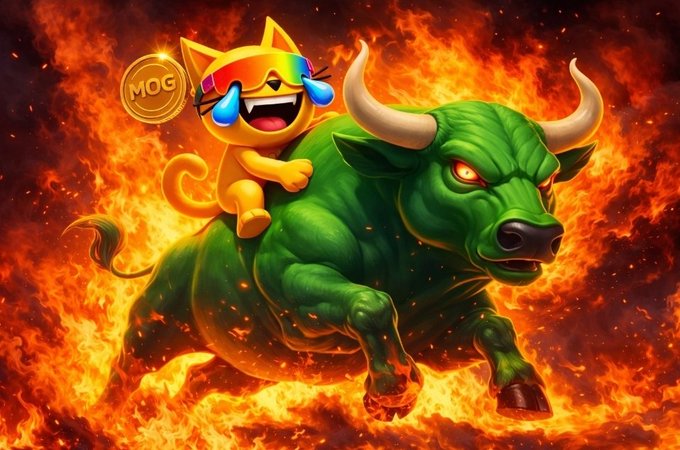 The image features a green bull with horns riding atop an orange cat wearing sunglasses. The background of the image shows a fire burning brightly behind them, creating a dramatic backdrop for this unusual scene. The caption "This is it, bullrun activated $MOG" suggests that there might be some sort of connection between the bull and the cat or the fire in the background to the MOG post.
