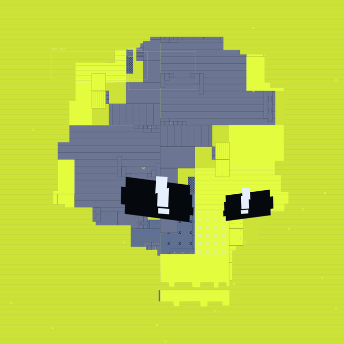 A pixelated, stylized portrait of a gray character's face with an angry expression, featuring black and white geometric eyes set against a bright yellow background.