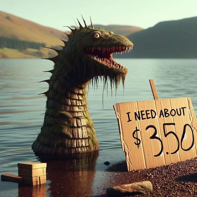 An AI-generated image shows a mossy, dinosaur-like creature emerging from a lake (resembling the Loch Ness Monster) next to a hand-painted cardboard sign reading 'I NEED ABOUT $3.50', referencing a viral meme about struggling artists and technology.