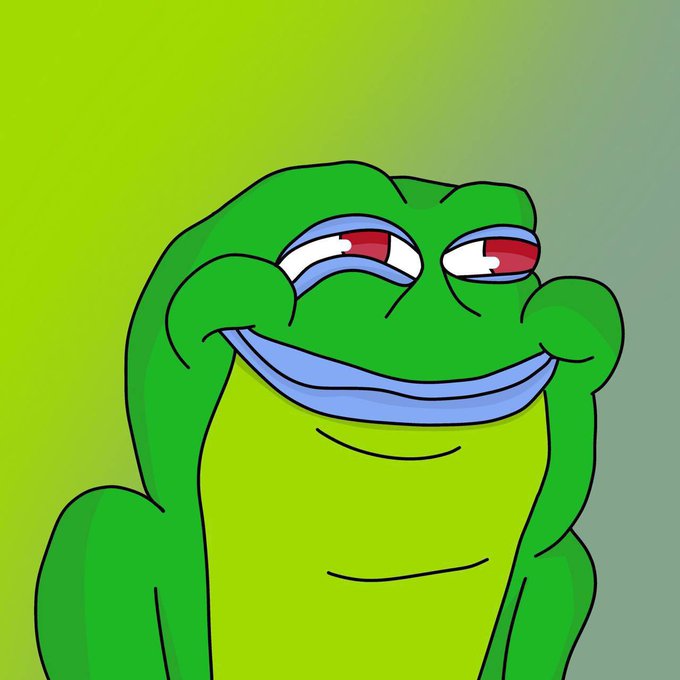 An illustration of a green Pepe the Frog meme character with half-closed red eyes and a slight smile against a green gradient background.