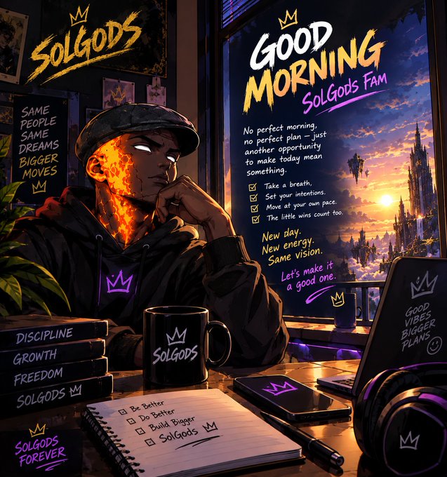 A motivational illustration titled 'GOOD MORNING SOLGODS FAM' showing a character with glowing eyes at a desk, with a checklist including 'Take a breath', 'Set your intentions', 'Move at your own pace', and 'The little wins count too'.