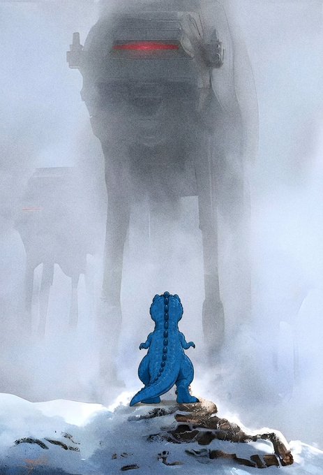 A fantasy-style illustration depicting a small blue dinosaur standing on a snowy, rocky ledge, looking up at massive AT-AT walkers emerging through heavy fog.