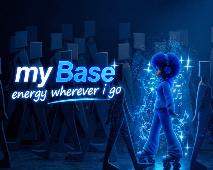 A promotional graphic features a stylized character on roller skates with headphones surrounded by musical notes and sparkles, with the text "my Base - energy wherever i go."