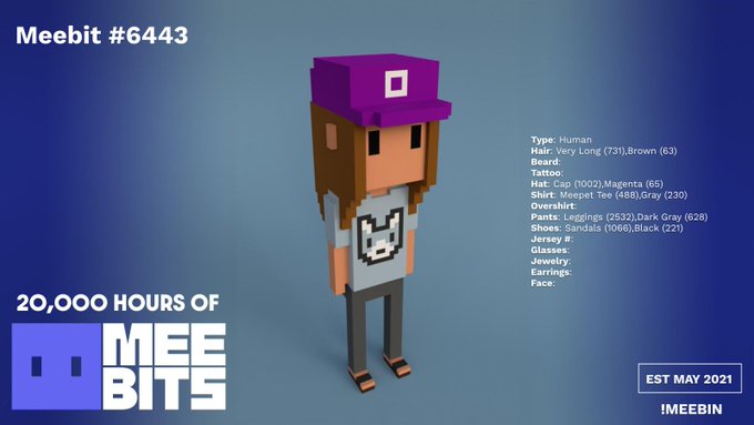 Meebit #6443 NFT character with a purple cap, displayed with traits like 'Magenta Tee' and 'Leggings', marked as part of '20,000 HOURS OF MEEBITS'.