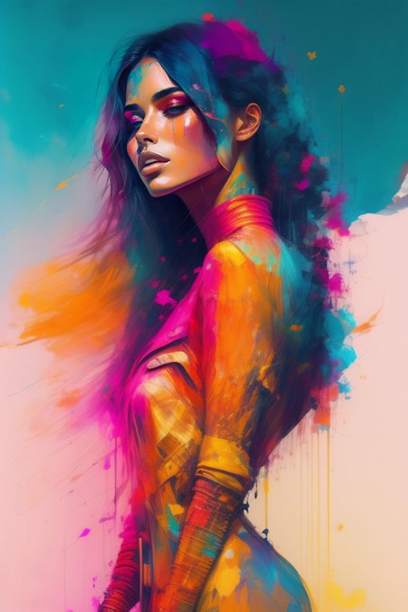 A vibrant, colorful digital painting of a woman in profile with flowing dark hair and bold splashes of pink, orange, blue, and yellow.