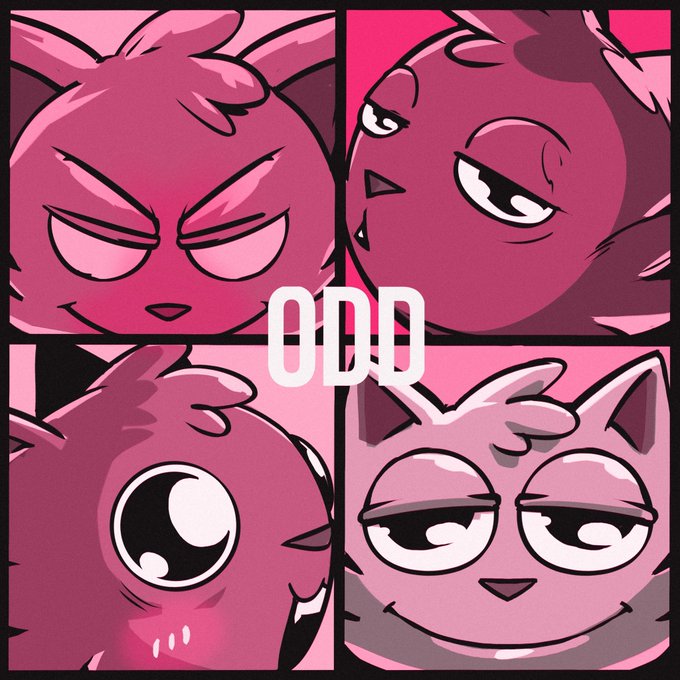 Four pink cartoon cats display exaggerated, quirky facial expressions in a grid layout, with "ODD" overlaid in bold white text at the center—directly representing the "ODDCATSdotCOM" NFT collection mentioned in the launch announcement.