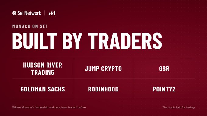 A red presentation slide reads “Sei Network,” “MONACO ON SEI,” and “BUILT BY TRADERS,” listing “HUDSON RIVER TRADING,” “JUMP CRYPTO,” “GSR,” “GOLDMAN SACHS,” “ROBINHOOD,” and “POINT72.”
