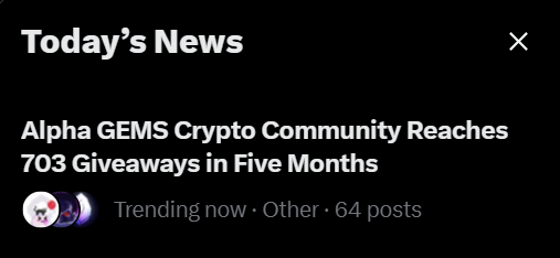 In this screenshot from a news feed, there's an article titled "Alpha GEMS Crypto Community Reaches 703 Gifts in Five Months" which is posted by someone named "@Other". There are two people mentioned in the article - one is "@alphasurprised" and the other is "@otheruseratwork". This post talks about a recent news article that features a link to the author's Twitter account, where they shared their thoughts on a community outreach effort related to cryptocurrencies.