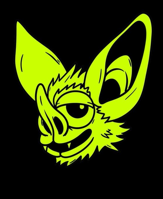 A neon green stylized illustration of a bat-like creature with large pointed ears and fangs on a black background.