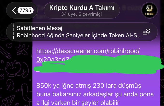 A screenshot from a Telegram group called "Kripto Kurdu A Takımı" (34 members, 5 posts) showing a pinned message about Robinhood token purchasing in seconds via dexscreener.com, with text noting a price drop from 850k to 230, and another message discussing the token's potential amid current Pons interest. The post's mention of "230k" aligns with the message stating the price dropped to "230," referencing the same token.