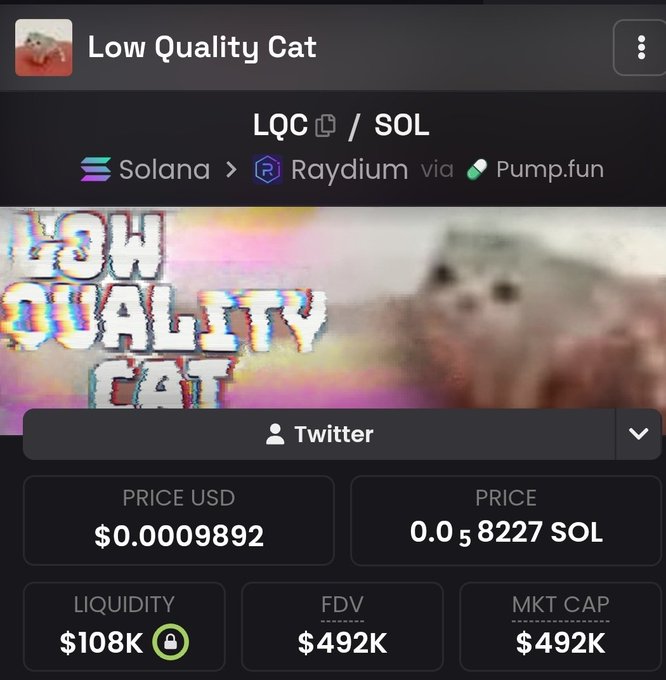 A cryptocurrency token page for 'Low Quality Cat' (LQC/SOL) on Solana via Raydium and Pump.fun, showing a price of $0.00009892 USD / 0.00058227 SOL with $108K liquidity and $492K FDV/MKT CAP.