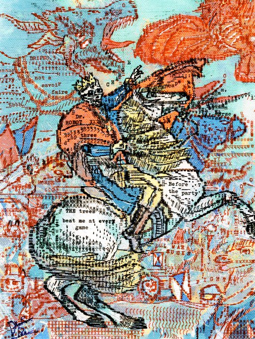 A textured, mixed-media artwork featuring a yellow and blue figure on a motorcycle, overlaid with text including 'THE tree...', 'beat me at every game', and 'Before... the party'.