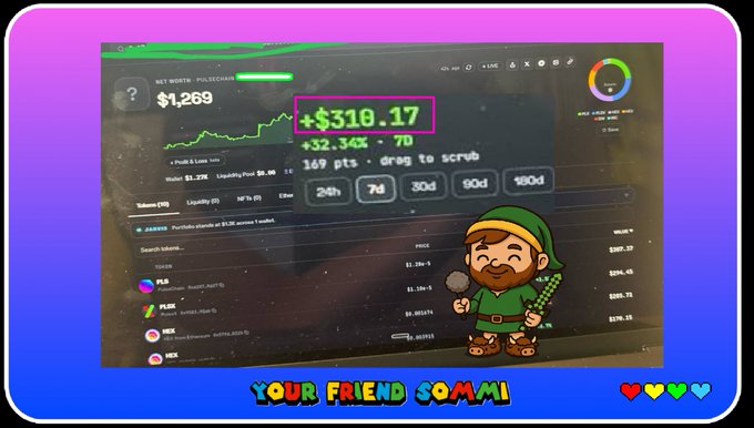 The image shows a meme featuring a crypto portfolio screen with "NET WORTH: PULSECHAIN" displaying "$1,269" and a highlighted weekly gain of "+$310.17" (+32.34%), alongside a cartoon leprechaun mascot labeled "YOUR FRIEND SOMMI."

The post jokes about a 2-year-old nephew holding PulseChain tokens and earning a $310 weekly gain (as shown in the screenshot), teasing whether to "rug" him as a life lesson before he can access his wallet in 16 years.