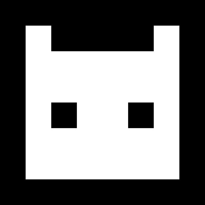 A simple black and white geometric design resembling a minimalist character or logo with two square eyes on a white background.