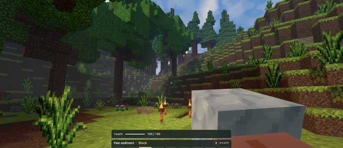 A screenshot from the video game Minecraft showing a forest landscape with a stone block in the foreground and health/status indicators at the bottom indicating 'Pale sediment' and 'Block'.