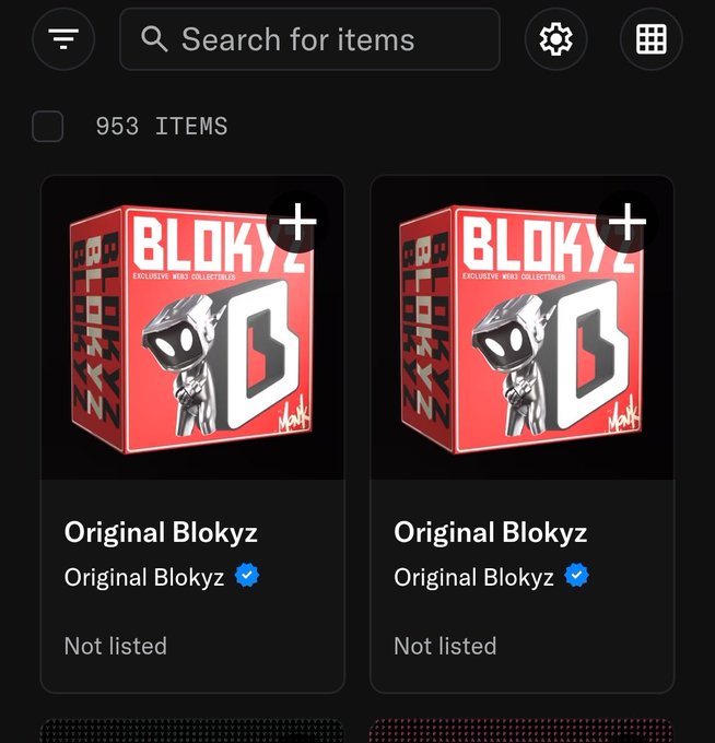 A mobile app interface showing two 'Original Blokyz' items, marked 'Not listed' and verified with blue checkmarks, from a collection of 953 items.
