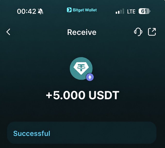 A Bitget Wallet screenshot showing a successful transaction to 'Receive +5.000 USDT' via the Tether (USDT) network.