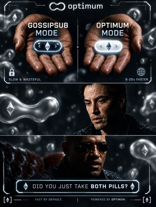 A futuristic advertisement for 'Optimum' comparing 'GOSSIPSUB MODE' (labeled slow & wasteful) versus 'OPTIMUM MODE' (labeled 6-20x faster), featuring imagery of hands holding a pill and a scene with characters asking 'DID YOU JUST TAKE BOTH PILLS?'