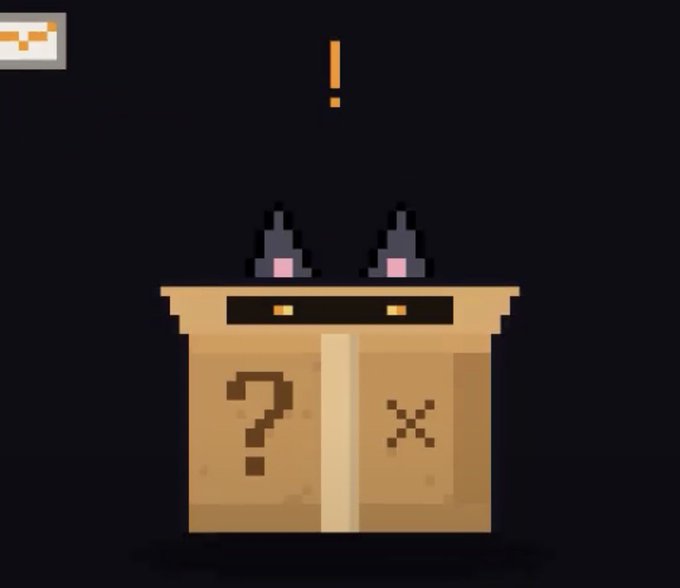 Pixel art illustration of a cardboard box with a question mark and X on it, with two small gray creatures peeking over the top.