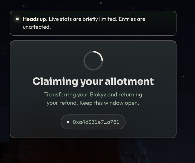 A loading screen displaying "Claiming your allotment" for a Blokyz NFT allotment transaction with an Ethereum address (0xa4d351e7…a751). The post references claiming Blokyz NFTs from a raffle at 6x profit, matching the claiming process shown in the image.