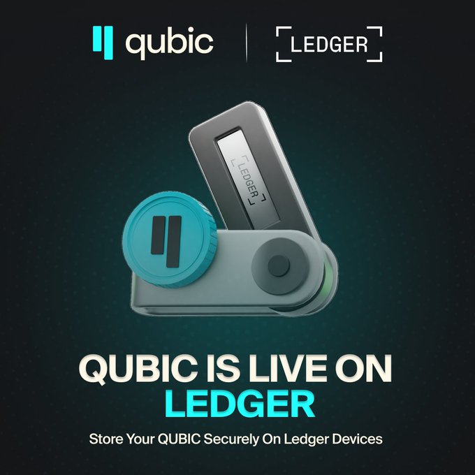 Promotional graphic announcing 'QUBIC IS LIVE ON LEDGER' with the Qubic and Ledger logos, featuring a Ledger hardware device and a teal Qubic coin, with the tagline 'Store Your QUBIC Securely On Ledger Devices'.