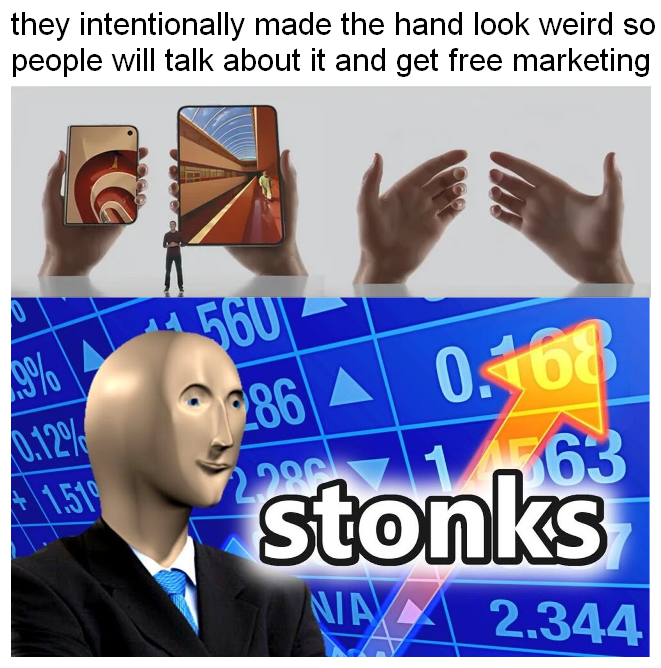 A meme comparing an iPad keynote hand to the "stonks" meme man, with text claiming Apple intentionally made the hand look weird to get free marketing.