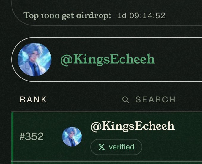 A dark-themed leaderboard screenshot shows user @KingsEcheeh ranked #352 with a verified X badge, alongside a countdown timer reading "1d 09:14:52" for the top 1000 airdrop winners—visually confirming the post's claim about their current ranking and the one day remaining on the @commonsmade GMI competition.